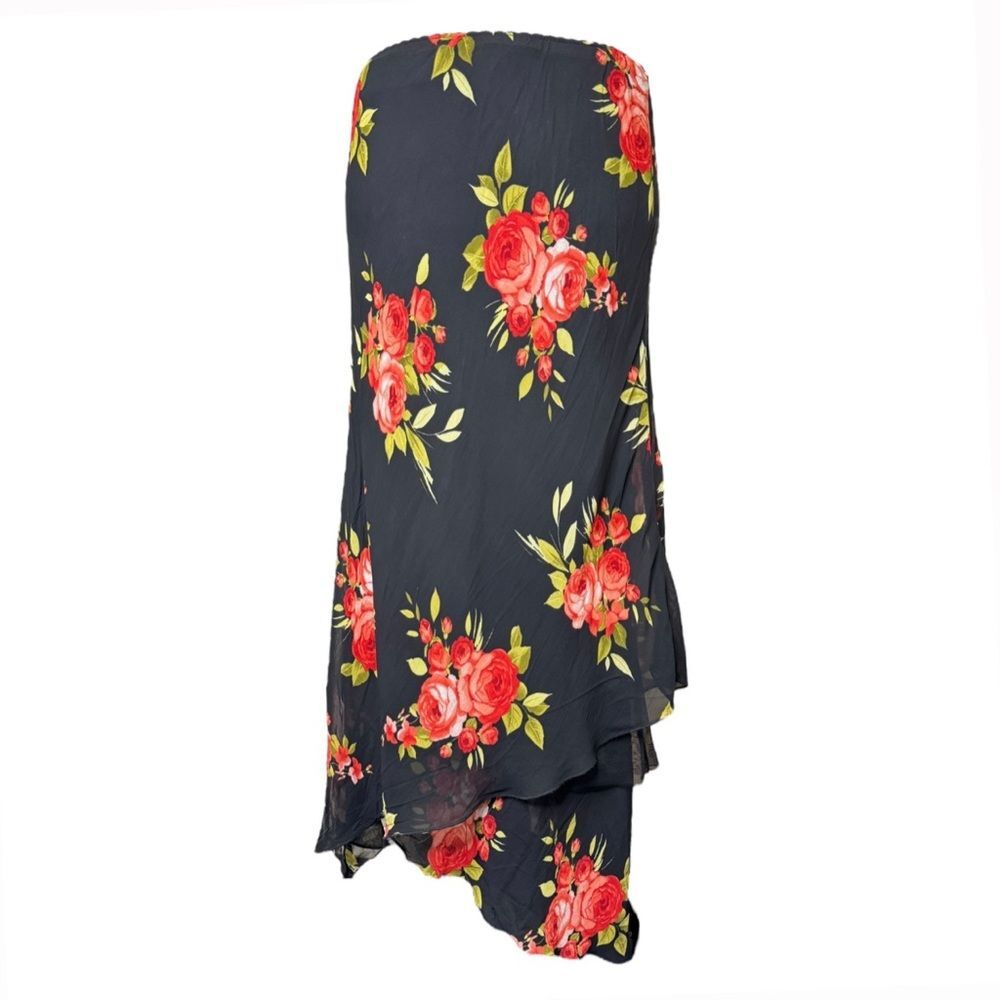 Y2K Euro Black Asymmetrical Midi Rose Print Skirt Size Medium